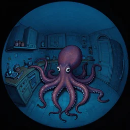 dark palette, fisheye spiral lines, naive, extra narrow, detailed illustration of a kitchen, large floor, octopus shaped by rhads keith haring from lorax movie, trending artstation, dark blue underwater