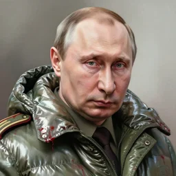 detailed portrait vladimir putin, volumetric light from underneath, reflective military puffy coat with blood splats by ismail inceoglu dragan bibin hans thoma greg rutkowski alexandros pyromallis nekro rene maritte illustrated, perfect face, fine details, realistic shaded, fine - face, direct glaze