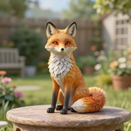 a 3 d render of an exquisite fox statue sitting on a table in a country garden