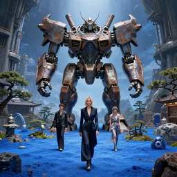 by oka yasutomo and anna dittmann, visually stunning, cinematic, ultra realistic, hyper realism, 1 2 k, epic, octane render, unreal engine, vfx, maya, japanese garden in a space fortress, edgewall inkeeper, silverwing squaldron, a huge rusting mech, crazy fashion catwalk, blue desert, a death metal album cover art
