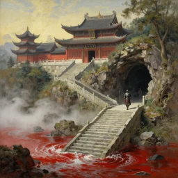 a gorgeous landscape painting by barlowe wayne, maxfield parrish and marco mazzoni. chinese temple. a lonely armed knight walks on the winding stone steps, stone gate to the dark cave, 3 d, octane render, turbulent blood lake, fog, 8 k.