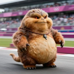 fat jabba the hutt on a race track, during the olympics, sport photography, 3 5 mm, motion blur