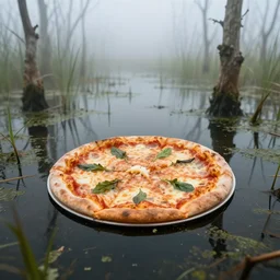 a pizza floating in a swamp, foggy, photography
