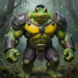 asthetic!!!!! macro medium shot, rugged anthropomorphic muscular!!!!!!!!! oversized!!!!!!!! hulked!!!! frog as oversized green armored barbarian armored hunter with yellow chest wearing war soldier uniform sci - fi armor in deep forest, foggy, oil painting by frazetta by greg rutkowski by frazetta y