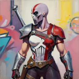 greg manchess portrait painting of a female punisher kratos as overwatch character, medium shot, asymmetrical, profile picture, organic painting, sunny day, matte painting, bold shapes, hard edges, street art, trending on artstation, by huang guangjian and gil elvgren and sachin teng