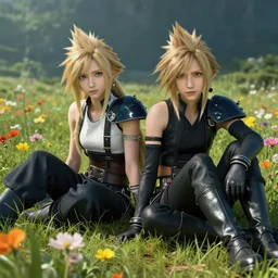aerith and yuffie from final fantasy 7 remake sitting in a flower field by ilya kuvshinov, rtx reflections, maya, extreme high intricate hyperrealistic details by wlop, digital art by ross tran, medium shot, composition by sana takeda, dramatic lighting by greg rutkowski