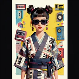 portrait of a lowpoly punk girl with a musicassette sunglasses wearing kimono made of synthesizer, surreal dada collage poster art by kurt schwitters james jean liam brazier victo ngai tristan eaton