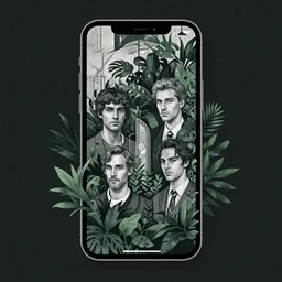 portrait an isometric iphone with lush foliage overgrowth, modern art deco, ( ( karolis strautniekas ) ), christopher balaskas, mads berg, detailed, dynamic composition, halftone shaded, dark tint, matte print, editorial illustration, ( ( stippled light ) )