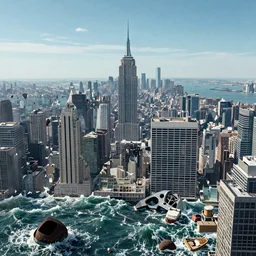 The ocean consumes the city of New York destroying everything in its path,digital art,award winning