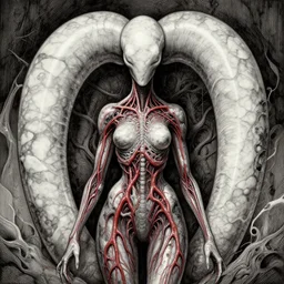 naraka buddhist demon korean, happy female alien, tubular creature, blood vessels, no face, dystopian surrealism, alex ries zdzisław beksinski, symmetrical long head, smooth marble surfaces, smooth marble surfaces, detailed ink illustration, detailed ink illustration, raiden metal gear, cinematic smooth stone, deep aesthetic, concept art, intricate