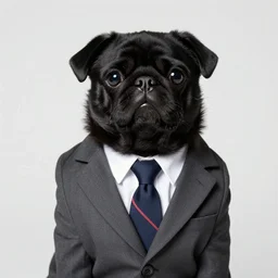 portrait of black pugalier dog wearing suit and tie, by damien hurst