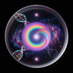 petri dish, abstract circle, neon sphere, black background, Psychedelic galaxy, supernova, hyperdetailed DNA, hairy edge, hyperrealism astral cosmic, trippy rainbow at the middle.