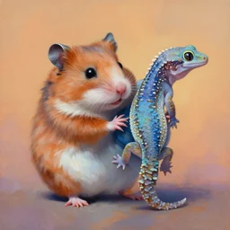painting of hybrid hamster and gecko!!, intercrossed animal, by zdzislaw beksinski, by lewis jones, cold hue's, warm tone gradient background, concept art, digital painting