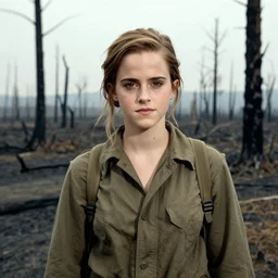 emma watson portrait, battle of khe sanh, landscape background burned trees,