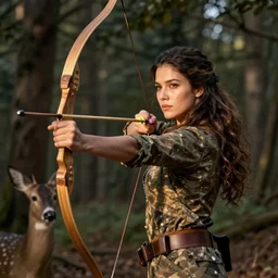 a recurve bow made out of pine with a lye string, held by a beautiful woman in the woods hunting a deer