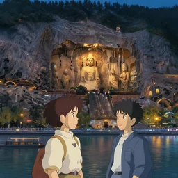 mogao grottoes, city at night, in the style of studio ghibli, j. c. leyendecker, greg rutkowski, artem