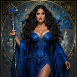 Salma Hayek  as a sorceress , passionate , seductive, sweaty,  intricate dressed in ornate blue robes and staff, insane, intricate, highly detailed, digital painting, artstation, concept art, smooth, sharp focus, illustration, Unreal Engine 5, 8K, art by artgerm and greg rutkowski and alphonse mucha
