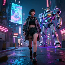 a cyberpunk fashion girl wearing street urban futuristic cyberpunk clothing walking in a cyberpunk street inspired by ghost in the shell there are advertising holograms and neon signs in the street and a neon mecha robot with decals all over it, 3d scene, render, ultra realistic, ray tracing, night time, volumetric light, artstation, cgsociety, level design, unreal engine, 3d scene, zenith view