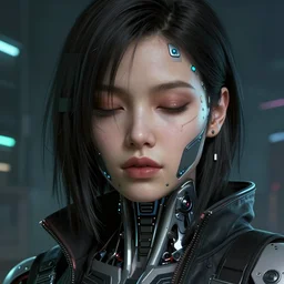 beautiful portrait, digital painting of lalisa with cybernetic face implants with high detail, ( cyberpunk 2 0 7 7, mass effect, bladerunner 2 0 4 9, ghost in the shell ), environment, 8 k, stunning detail, photo by artgerm, greg rutkowski and alphonse mucha, unreal engine 5, 4 k uhd, eyes closed