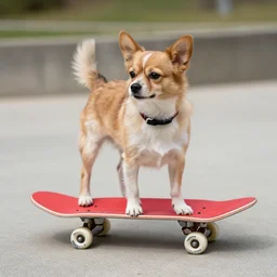 a dog on a red skateboard