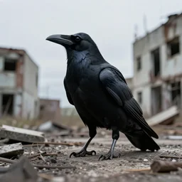 Steel black raven photo real 8k abandoned urban wasteland, unique ultra-wide angle lens cinematic lighting