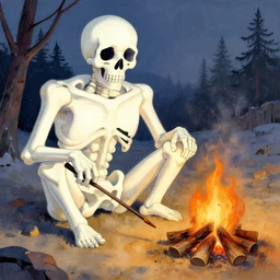 “cartoon giant thawing off his old winter bones next to a camp fire, in the style of Franklin Booth, in the style of Giorgio de Chirico”