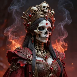 a beautiful detailed 3d matte portrait of female empress of the dead, by ellen jewett, by tomasz alen kopera, by Justin Gerard, ominous, magical realism, texture, intricate, ornate, royally decorated, skull, skeleton, whirling smoke, embers, red adornements, red torn fabric, radiant colors, fantasy, volumetric lighting, high details