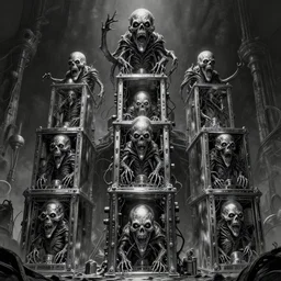 b & w inks of 1 1 horrifying chromed machines in tiers, all mainframe, built by mollusk, by wayne d barlowe, boris vallejo, geof darrow, stefano tamburini, torch light, muted colors, epic, hyper detailed, awe inspiring, award winning horror, hyper realism, cinematic