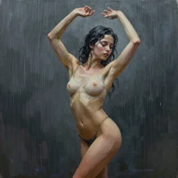 painting of a beautiful girl, dancing  in the rain, by Jeremy Mann and Jason Jenicke, highly detailed, stylized, loose brush strokes, intricate, realistic, exaggerated lighting, dramatic lighting,  sense of scale, sense of movement,  sensual