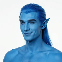 portrait of a [ blue skinned ] male with elegant smiling chiseled jaw, blue triton race from d & d, elf ears, beautiful man, blue hair in a ponytail cropped on the sides, white background, by edward hopper