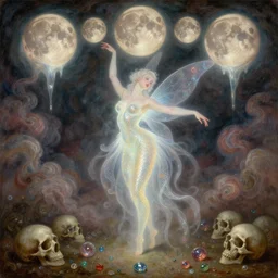 concept art of translucent glowing curvy fairy dancing, renaissance, melting, round moons, rich swirly clouds, very detailed, volumetric light, mist, fine art, textured oil over canvas, epic fantasy art, very colorful, ornate intricate scales, floor made of skulls, fractal gems