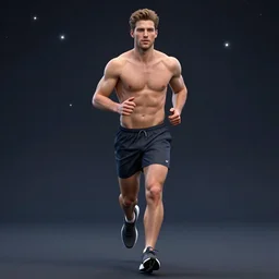 full body portrait, ian bohen jogging in short shorts, sneakers, shirtless, starlight background, handsome, broad shoulders, alphonse mucha, rhads, ross tran, artstation, artgerm, octane render, 1 6 k