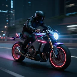 a cyber man driving a futuristic neon motorcycle fast on a urban road in the nighttime, digital art, realistic, detailed, mysterious, dramatic, cinematic