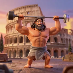 a wholesome animation key shot of a jesus as a bodybuilder training, in rome, medium shot, waist up, studio and disney animation, tim burton, stop motion, sharp, rendered in unreal engine 5, anime key art by greg rutkowski, bloom, dramatic lighting, sunrise