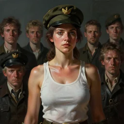 an woman wearing a white tank top, soldier hat, gloves, sweaty skin, shady, made by greg rutkowski, jmw turner, marc simonetti, ivan aivazovsky, bowater, charlie, ross tran, artgerm, peter mohrbacher, broad light, ambient occlusion, volumetric light effect, matte painting, trending on artstation, 4 k, perfectly defined features, digital painting, cinematic, epic, highly detailed,