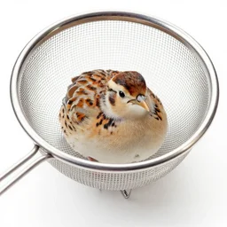 a picture of a partridge inside of a mesh strainer