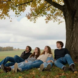 young man and woman with long brown hair, laying under a tree looking at clouds autumn, ( ( ( wearing jeans ) ) ), by charles sillem lidderdale, stanley artgerm lau, greg rutkowski, thomas kindkade, alphonse mucha, loish, norman rockwell