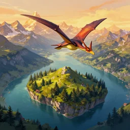 matte painting of beautiful mountain landscape in northern switzerland with an island and pterodactyl flying over it, by albert whitlock, amazing details, beautiful composition, vibrant colors, bird eye view, luminescent, warm hue's