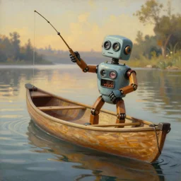 simple retro robot, fishing in a wooden canoe, whimsical, highly detailed, michael cheval, peter mohrbacher, boris vallejo, jessica rossier, oil painting, highly detailed, cinematic lighting, tilt shift, golden hour