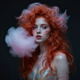 dramatic lighting photo of a beautiful! ethereal ginger young woman wearing latex with cotton candy hair. paint splashes. moody and melancholy. with a little bit of rainbow colors. digital art by beeple