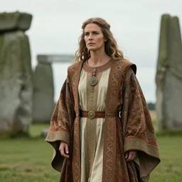 photograph of a real-life beautiful druid with ornate robes at stonehenge .  Extremely detailed. 8k