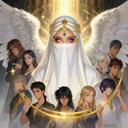 a beautiful female angel wearing a white niqab with ornaments by alex gray, android jones, nekro, karol bak, ayami kojima, artgerm, yoshitaka amano, olivier ledroit, ruan jia, charlie bowater, tom bagshaw, shining light, arabian eyes, colorful eyes, golden hora, concept art, fantasy