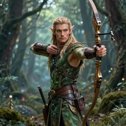 beautiful strong male elf archer portrait, magical forest background, trending on artstation, award - winning