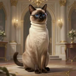 full body photograph of a male anthropomorphic siamese cat fursona wearing a turtleneck and eyeglasses in a manor, deep focus, intricate, elegant, highly detailed, digital painting, artstation, concept art, matte, sharp focus, illustration, d & d, fantasy, hearthstone, art by artgerm and greg rutkowski and alphonse mucha