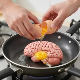 cracking an egg and a realistic brain comes out into frying pan 3 5 mm realistic hdr 8 k