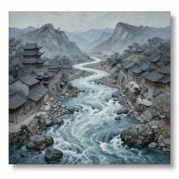 a gorgeous painting by barlowe wayne maxfield parrish and marco mazzoni. sapa in china. grey blue. ultra clear detailed. 3 d, octane render. turbulent river. 8 k