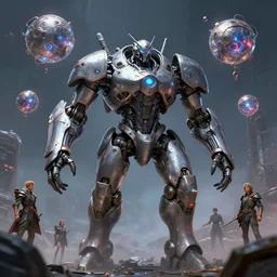 giant protoss cyborg, simulation theory, floating energy metal orbs, highly detailed, artstation, art by vladimir motsar and emika lightweaver and nicholas cort and paul pepera