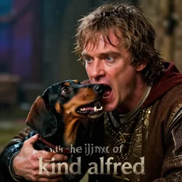 dramatic shallow depth of field historically inaccurate comedy film of a dachshund biting rainn wilson as king alfred in a medieval comedy titled'the hijinx of king alfred ', directed by john landis, colorful lighting high contrast, hyperrealistic shocking detail trending on artstation 8 k