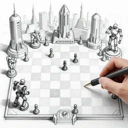 sharpie sketch of an RTS game level in set in a futuristic city with robot chess pieces as players