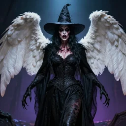 fear, horror, 8 k, trending on deviantart, highly detailed, leader, scarred, 1 0 8 0 s, digital art, full of color, official photo of a majestic witch with a black hands and hooves and white wings, cinematic, hyper detailed